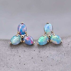 Radiant Rainbow Hues Doublet Opal Trio Stud Earrings 14K Gold